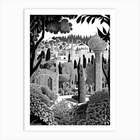 Gardens Of Alhambra, 1, Spain Linocut Black And White Vintage Art Print