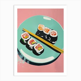 Sushi Blue & Pink Pastel Silk Screen Style Art Print