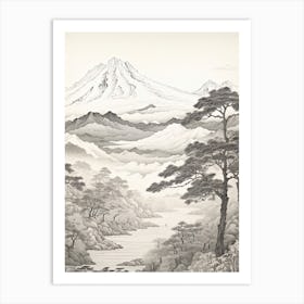Chugoku Mountains In Multiple Prefectures, Ukiyo E Black And White Line Art Drawing 4 Art Print
