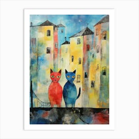 Two Cats Watercolour Style In Front Of An Old Town Art Print