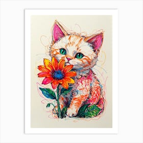 Cat With Flower Art Print