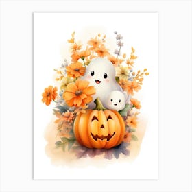 Cute Ghost With Pumpkins Halloween Watercolour 39 Art Print