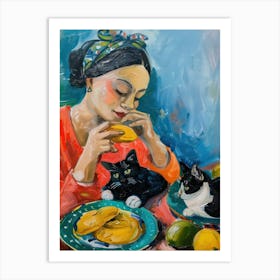 Portrait Of A Woman With Cats Having Lunch 2 Art Print