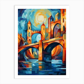 Old Stone Castle at Night, Abstract Vibrant Colorful Painting in Van Gogh & Cubism Style Art Print