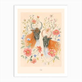 Folksy Floral Animal Drawing Yak 3 Poster Art Print