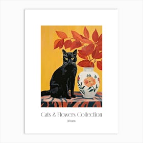 Cats & Flowers Collection Irises Flower Vase And A Cat, A Painting In The Style Of Matisse 3 Art Print