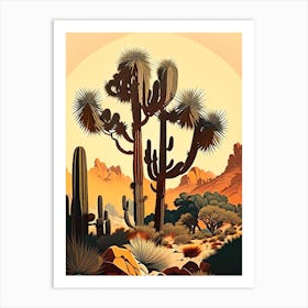 Joshua Trees In Mountains Retro Illustration (4) Art Print