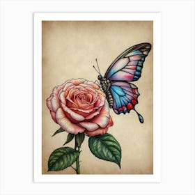 Butterfly And Rose Art Print