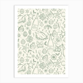 Holiday Dinner Toile Vintage Style Christmas Dinner Green and Cream Art Print