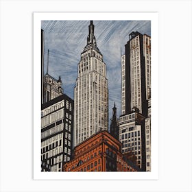 Empire State Building New York City, United States Linocut Illustration Style 3 Art Print