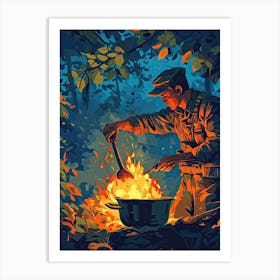 Man Cooking In The Woods Art Print