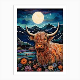 Colourful Illustration Of Highland Cow In The Moonlight Art Print