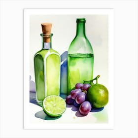 Lime and Grape near a bottle watercolor painting 13 Art Print