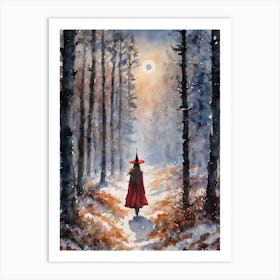 Red Witch in Winter Woods - Cottagecore Witchy Art Print Original Watercolor by Lyra the Lavender Witch - Pagan Fairytale Snowy Yule Forest Scene Perfect Witches Wicca Wall Decor Feature Full Moon Gloomy Dark Aesthetic Beautiful HD Art Print