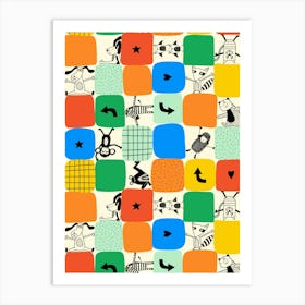 Animals Love To Play Kids Color Block Colorful Doodle Grid Art Print