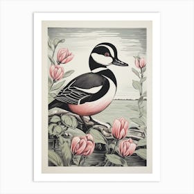 Vintage Bird Linocut Bufflehead 2 Art Print