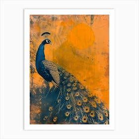 Blue & Orange Sunset Peacock Art Print