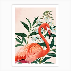 American Flamingo And Oleander Minimalist Illustration 1 Art Print