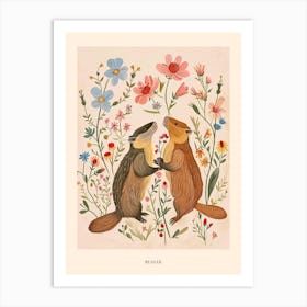 Folksy Floral Animal Drawing Beaver 5 Poster Art Print