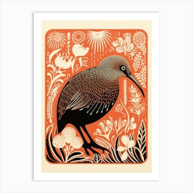 Vintage Bird Linocut Kiwi 2 Art Print