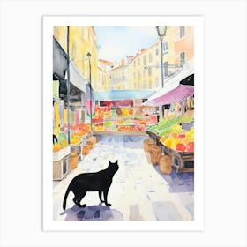 Food Market With Cats In Lyon 1 Watercolour Art Print