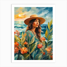 Bohemian Woman In A Hat Orange Flowers Marigold Aqua Sunset Sunrise Art Print