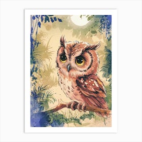 Watercolor Owl In The Forest Art Print