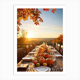 An Autumnal Thanksgiving Dinner Setting Where The Wooden Table Basks Under Golden Afternoon Sun A (6) Art Print