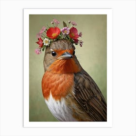 Robin With Flower Crown 20 Art Print