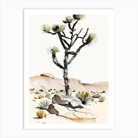 Joshua Tree In Rocky Landscape Minimilist Watercolour  (2) Art Print