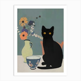 Black Cat Print Still Life With Flowers And Tea Funny Art Print