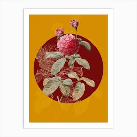 Vintage Botanical Agatha Rose in Bloom on Circle Red on Yellow n.0163 Art Print