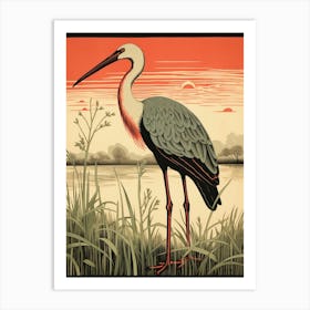 Vintage Bird Linocut Stork 1 Art Print