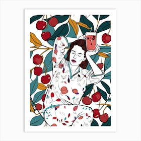 Woman Portrait With Cherries 10 Pattern Art Print