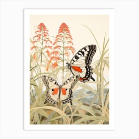 Red Flowers & Butterflies Japanese Style Painting 1 Art Print
