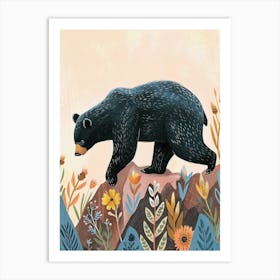 American Black Bear Walking On A Mountrain Storybook Illustration 1 Art Print