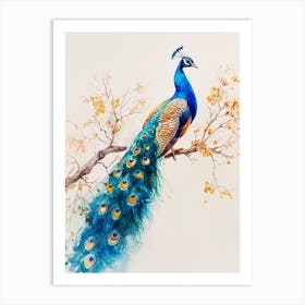 Watercolour Peacock On A Tree Branch Art Print