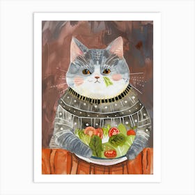 Grey Cat Eating Salad Folk Illustration 4 Art Print