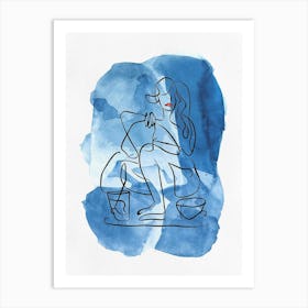 Line Art Woman Drawing on Watercolor Background Art Print