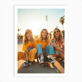 A Joyous Group Of Three Caucasian Female Skateboarders Hipster In Style Smiling Radiantly Sitting 2 1 Art Print