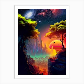 Synthwave cyberpunk city in a forest — surreal space collage art, cosmic futuristic sci-fi collage Art Print