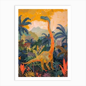 Colourful Warm Tones Dinosaur In The Jungle Painting Art Print
