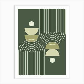Modern Mid Century Sun, Moon Phases and Rainbow Abstract 31 in Forest Sage Green Art Print