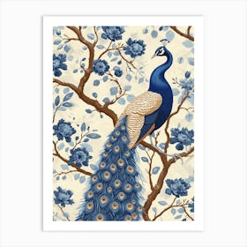Cream & Blue Vintage Floral Peacock  1 Art Print