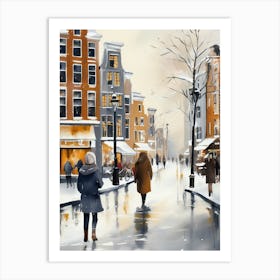 Amsterdam cafes, winter season, Christmas, autumn oil colors, pale colors, pedestrians in the street, winter clothes, falling snow.5 Art Print