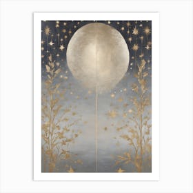 Wabi Sabi Dreams Collection 1 1 - Japanese Minimalism Abstract Moon Stars Mountains and Trees in Pale Neutral Pastels And Gold Leaf - Soul Scapes Nursery Baby Child or Meditation Room Tranquil Paintings For Serenity and Calm in Your Home Art Print