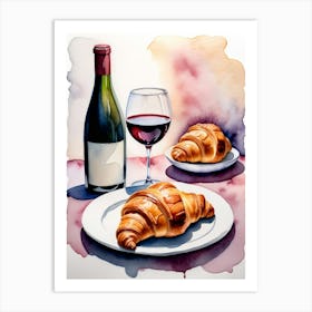 Croissant and Wine watercolor painting 12 Art Print