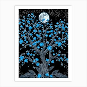 Moon Tree With Blue Flowers 1 Art Print