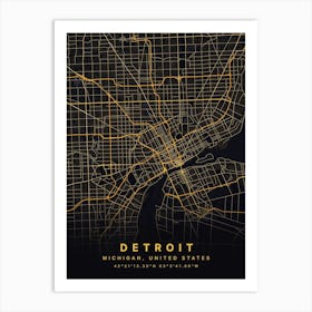 Detroit Michigan USA Black And Gold Map Art Print