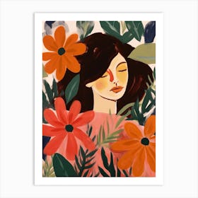 Woman With Autumnal Flowers Poinsettia Art Print